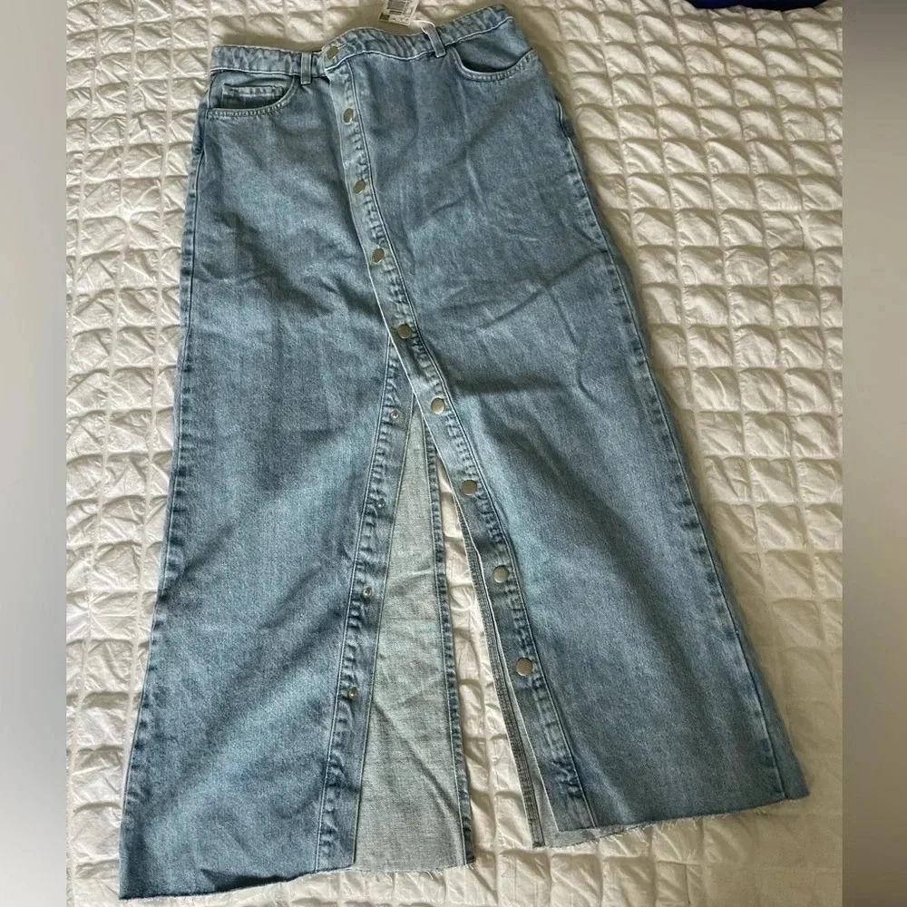 Mango Denim Open Slits Raw Hem Maxi Skirt